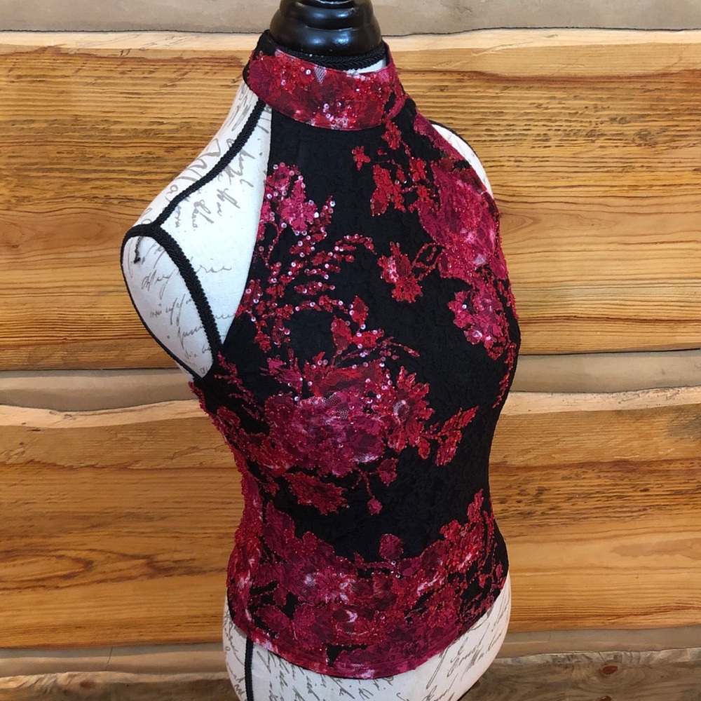 Cache Black & Red Lace With Sequins Halter Top - image 1